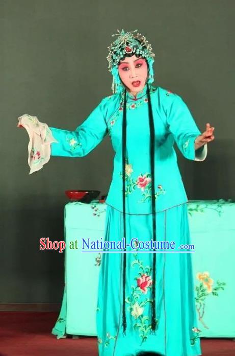 Chinese Sichuan Opera Diva Cui Qiaofeng Garment Costumes and Hair Accessories Ma Qian Po Shui Traditional Peking Opera Actress Dress Young Female Blue Apparels