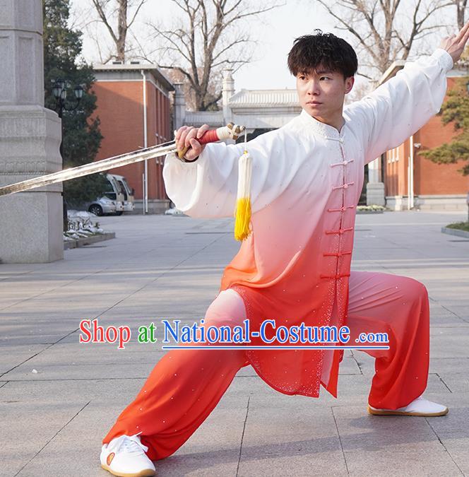 Top Male Kung Fu Costume Martial Arts Training Uniform Shaolin Wushu Clothing Tai Ji Competition Gradient Red Outfits