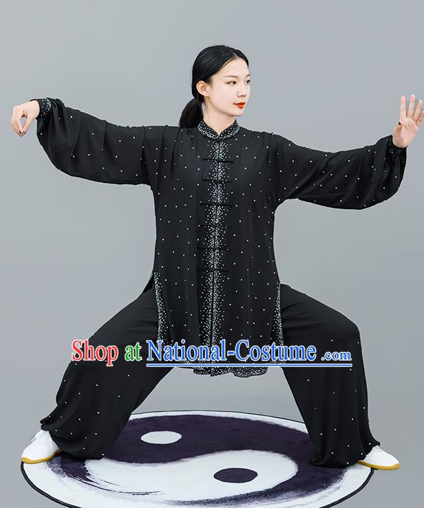 Professional Tai Chi Competition Diamante Costume Tai Ji Training Outfits Clothing Top Grade Martial Arts Black Uniform for Women