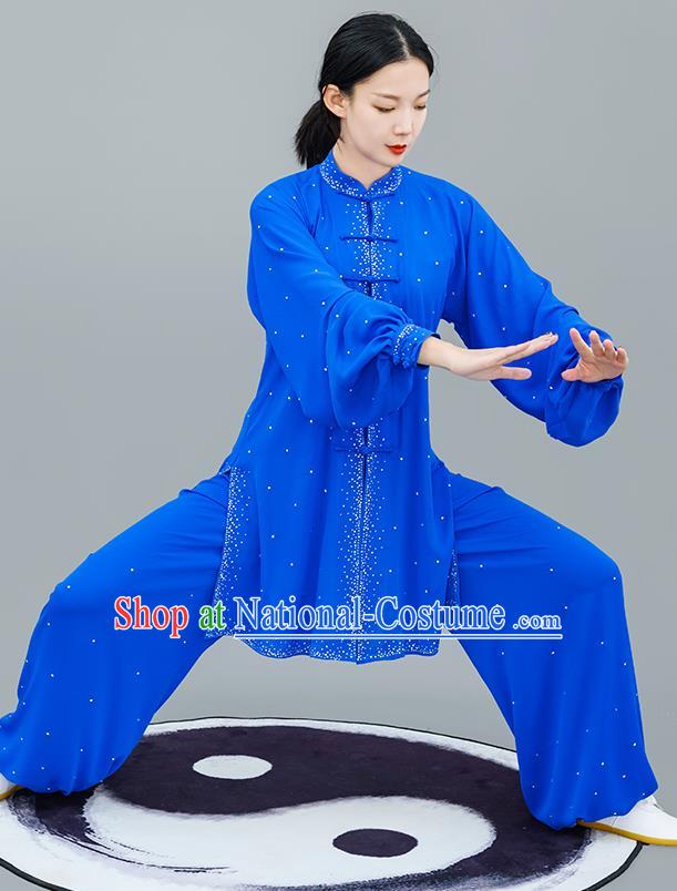 Professional Tai Chi Competition Diamante Costume Tai Ji Training Outfits Clothing Top Grade Martial Arts Royalblue Uniform for Women