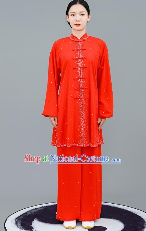 Professional Tai Chi Competition Diamante Costume Tai Ji Training Outfits Clothing Top Grade Martial Arts Red Uniform for Women