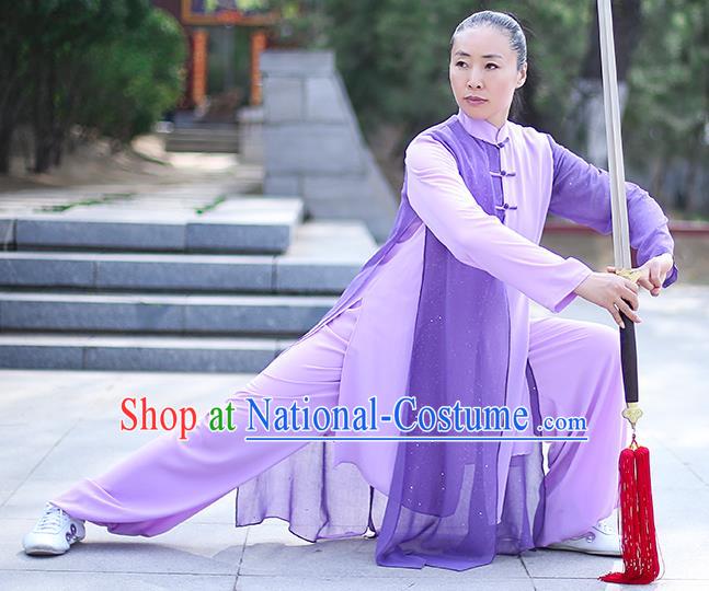 Professional Tai Chi Competition Costume Tai Ji Training Outfits Clothing Top Grade Martial Arts Purple Uniform for Women