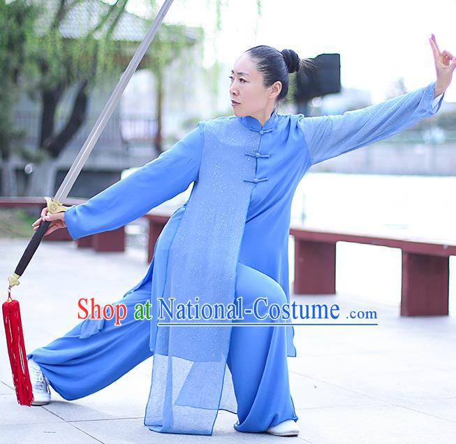 Professional Tai Chi Competition Costume Tai Ji Training Outfits Clothing Top Grade Martial Arts Blue Uniform for Women