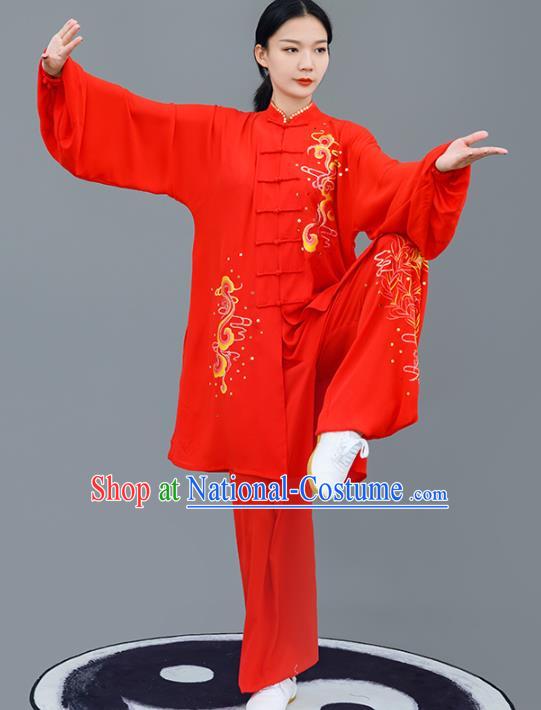 Chinese Traditional Tai Chi Competition Red Costume Professional Tai Ji Training Outfits Top Grade Martial Arts Performance Uniform for Women