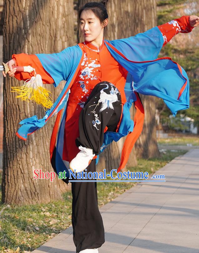 Chinese Traditional Martial Arts Performance Costume Top Grade Tai Ji Training Uniforms Professional Tai Chi Competition Embroidered Red Outfits