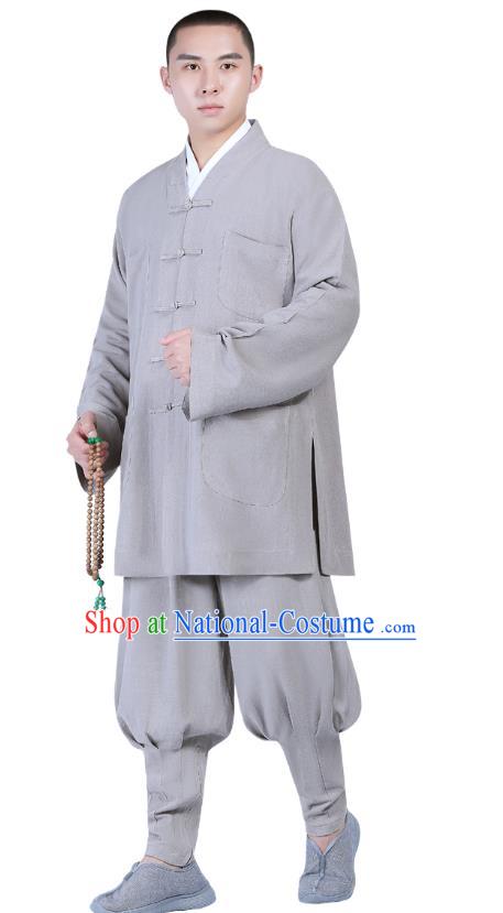 Chinese Traditional Buddhism Costume Shaolin Monk Clothing Grey Blouse and Pants Complete Set for Men