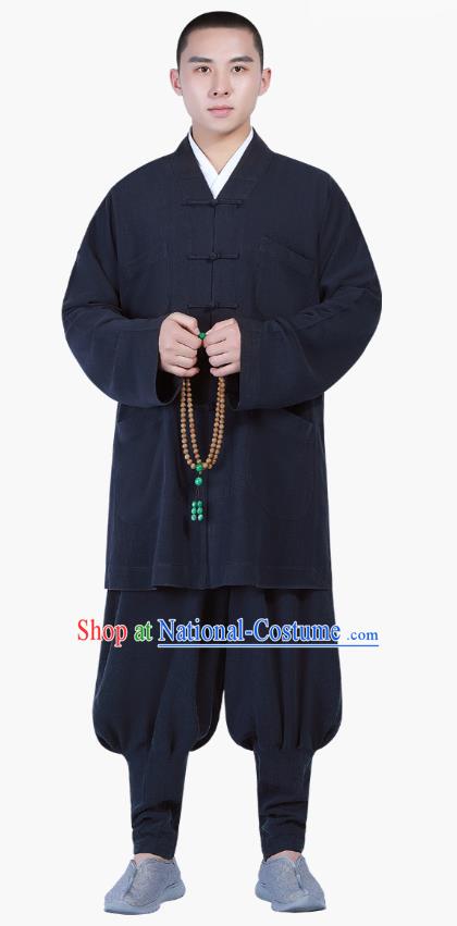 Chinese Traditional Buddhism Costume Shaolin Monk Clothing Navy Blouse and Pants Complete Set for Men