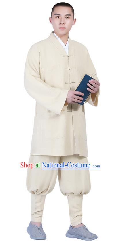 Chinese Traditional Buddhism Costume Shaolin Monk Clothing Beige Blouse and Pants Complete Set for Men