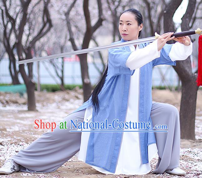 Chinese Traditional Tai Chi Competition Costume Professional Martial Arts Training Outfits Top Grade Tai Ji Performance Light Blue Uniform for Women