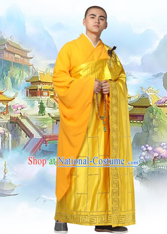 Chinese Traditional Monk Golden Silk Frock Costume Buddhism Clothing Cassock Bonze Garment for Men