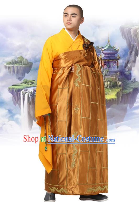 Chinese Traditional Monk Khaki Silk Frock Costume Buddhism Clothing Cassock Bonze Garment for Men