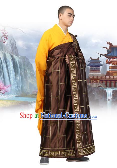 Chinese Traditional Monk Brown Silk Frock Costume Buddhism Clothing Cassock Bonze Garment for Men