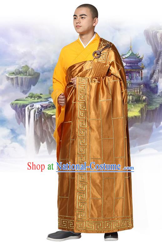 Chinese Traditional Monk Dark Golden Silk Frock Costume Buddhism Clothing Cassock Bonze Garment for Men