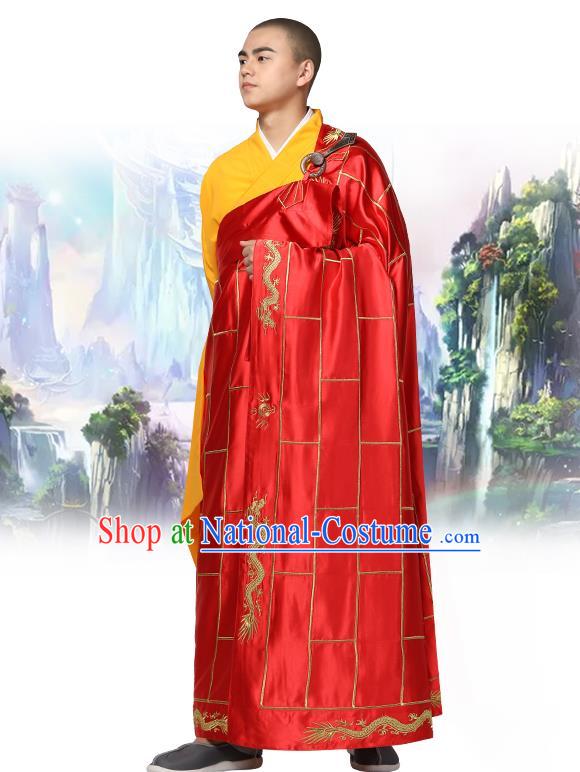 Chinese Traditional Monk Embroidered Dragon Red Silk Kasaya Costume Buddhism Gown Clothing Bonze Cassock Garment for Men