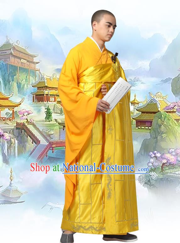 Chinese Traditional Monk Embroidered Dragon Golden Silk Kasaya Costume Buddhism Gown Clothing Bonze Cassock Garment for Men