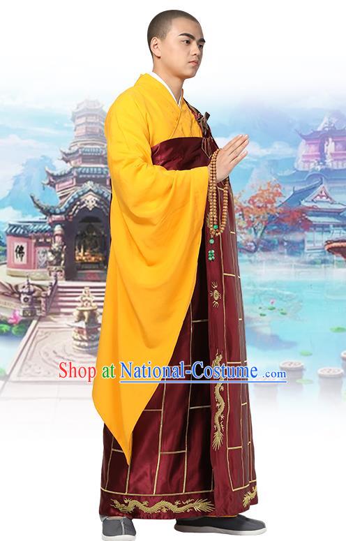 Chinese Traditional Monk Embroidered Dragon Wine Red Silk Kasaya Costume Buddhism Gown Clothing Bonze Cassock Garment for Men