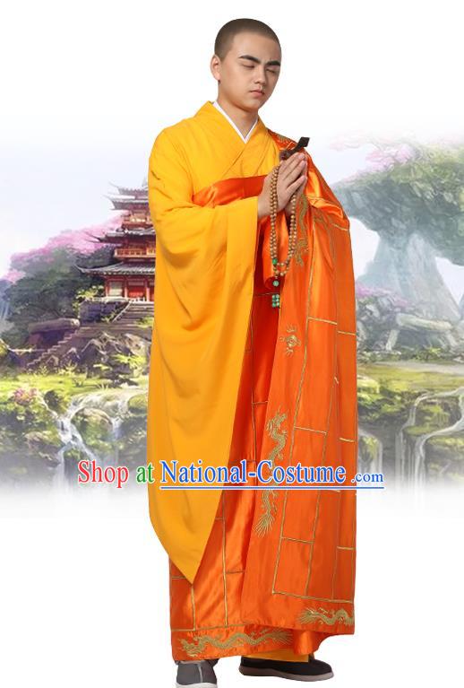 Chinese Traditional Monk Embroidered Dragon Orange Silk Kasaya Costume Buddhism Gown Clothing Bonze Cassock Garment for Men