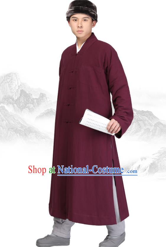 Chinese Traditional Monk Wine Red Brushed Gown Costume Meditation Garment Lay Buddhist Clothing for Men