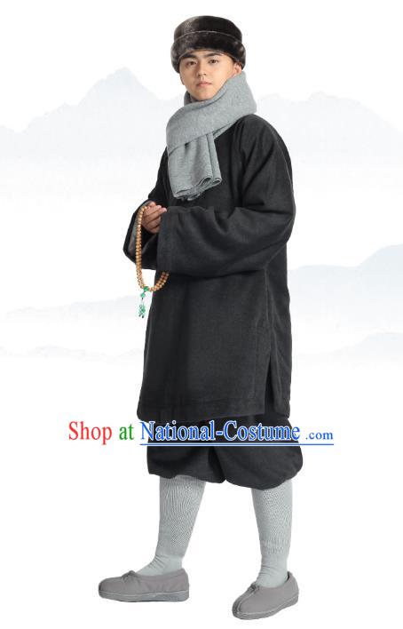 Chinese Traditional Monk Winter Deep Grey Costume Lay Buddhist Clothing Meditation Garment Shirt and Pants for Men