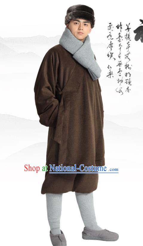 Chinese Traditional Monk Winter Brown Costume Lay Buddhist Clothing Meditation Garment Shirt and Pants for Men