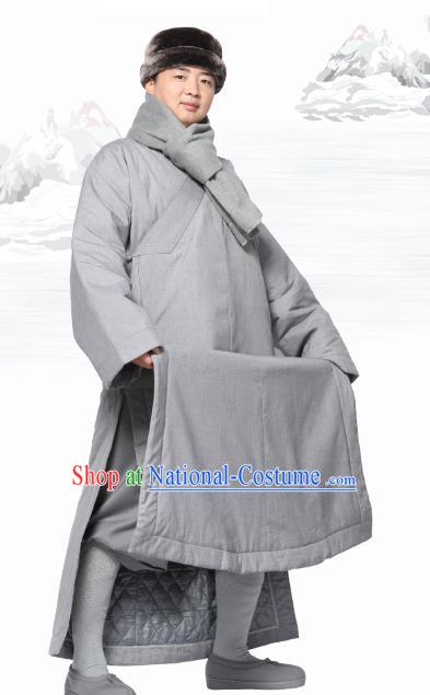 Chinese Traditional Winter Grey Cotton Padded Gown Costume Lay Buddhist Clothing Meditation Garment for Men