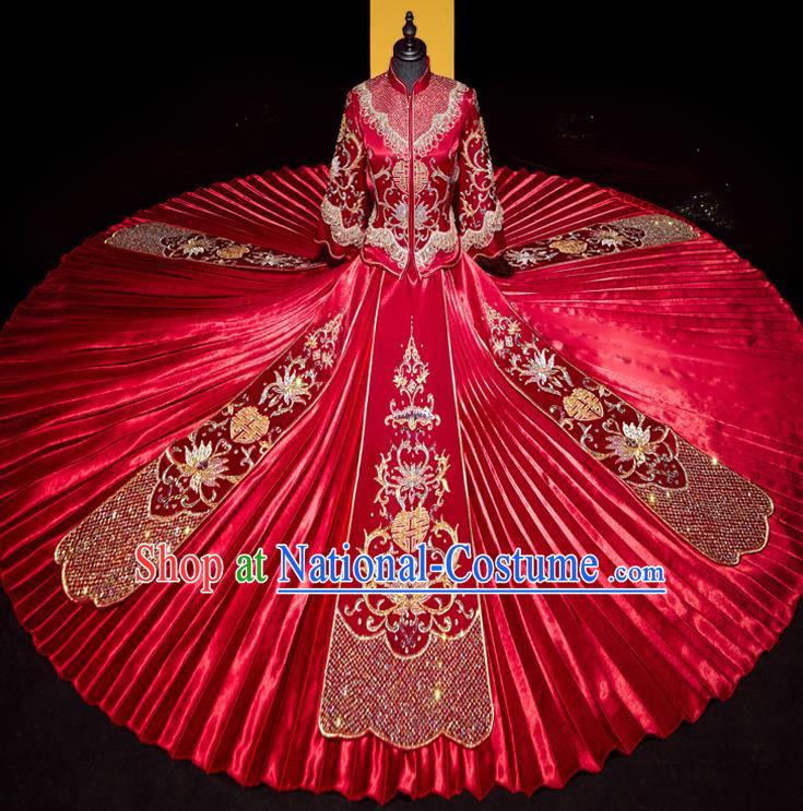 Top Grade Chinese Traditional Wedding Embroidered Costumes Ancient Bride Xiuhe Suit Toast Red Diamante Dress for Women