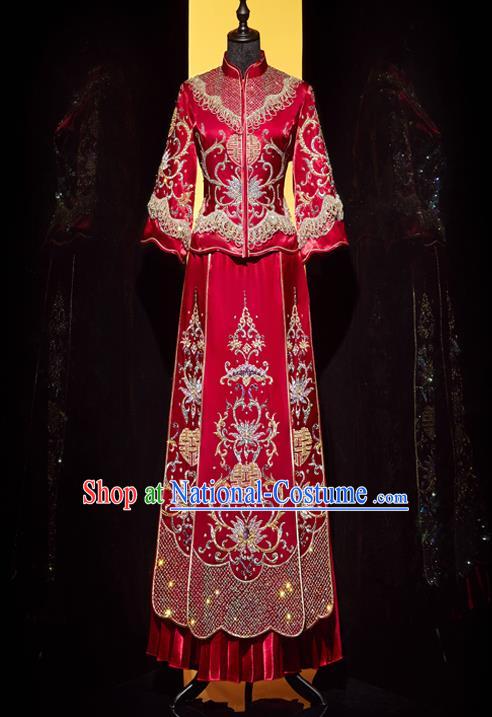 Top Grade Chinese Traditional Wedding Embroidered Costumes Ancient Bride Xiuhe Suit Toast Red Diamante Dress for Women