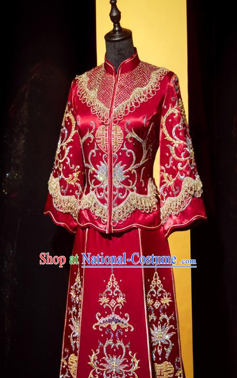 Top Grade Chinese Traditional Wedding Embroidered Costumes Ancient Bride Xiuhe Suit Toast Red Diamante Dress for Women