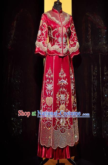 Top Grade Chinese Traditional Wedding Embroidered Costumes Ancient Bride Xiuhe Suit Toast Red Diamante Dress for Women