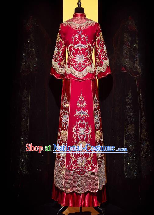 Top Grade Chinese Traditional Wedding Embroidered Costumes Ancient Bride Xiuhe Suit Toast Red Diamante Dress for Women