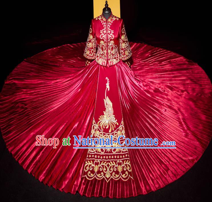 Top Grade Chinese Ancient Bride Xiuhe Suit Toast Red Dress Traditional Wedding Embroidered Phoenix Costumes for Women