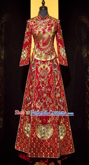 Top Grade Chinese Ancient Bride Embroidered Phoenix Xiuhe Suit Toast Red Dress Traditional Wedding Costumes for Women