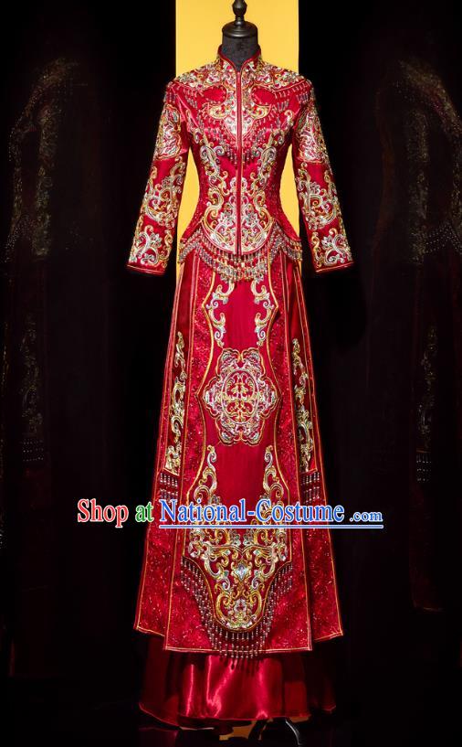 Top Grade Chinese Ancient Bride Beads Tassel Xiuhe Suit Toast Red Dress Traditional Wedding Costumes for Women