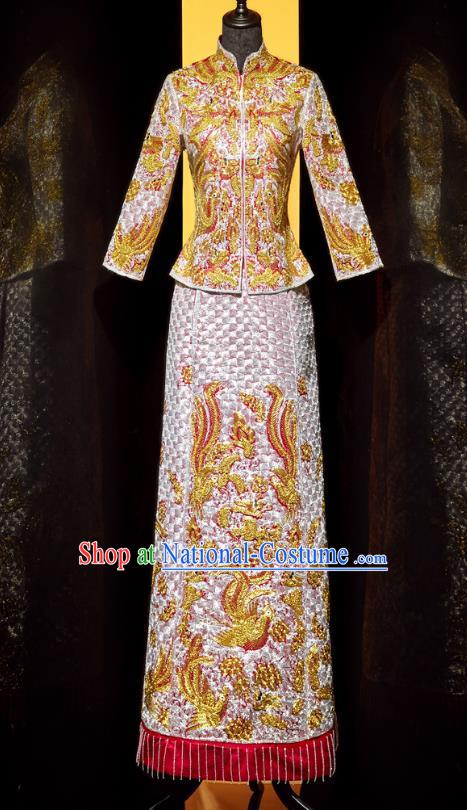 Top Grade Chinese Ancient Bride Embroidered Phoenix Xiuhe Suit Toast Pink Dress Traditional Wedding Costumes for Women