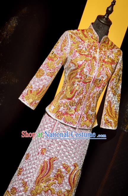 Top Grade Chinese Ancient Bride Embroidered Phoenix Xiuhe Suit Toast Pink Dress Traditional Wedding Costumes for Women