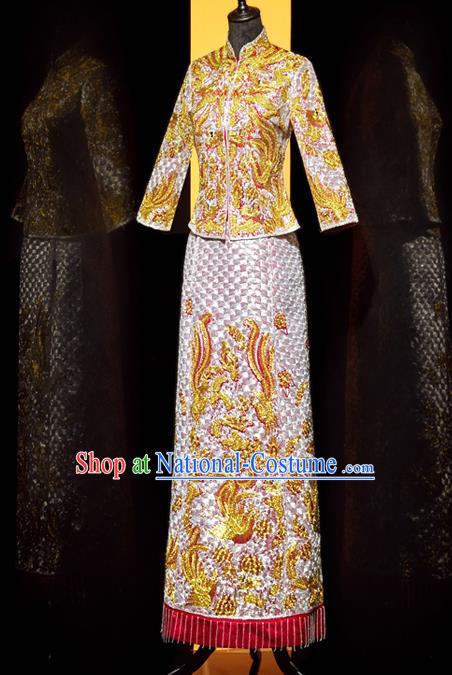 Top Grade Chinese Ancient Bride Embroidered Phoenix Xiuhe Suit Toast Pink Dress Traditional Wedding Costumes for Women