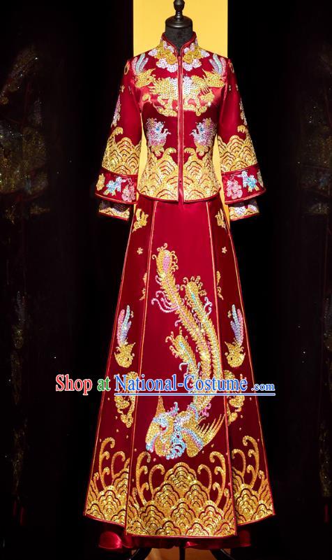 Top Grade Chinese Ancient Bride Diamante Phoenix Xiuhe Suit Toast Red Dress Traditional Wedding Embroidered Costumes for Women