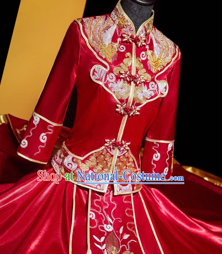 Top Grade Chinese Ancient Bride Phoenix Xiuhe Suit Toast Red Dress Traditional Wedding Embroidered Mandarin Duck Costumes for Women