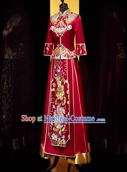 Top Grade Chinese Ancient Bride Phoenix Xiuhe Suit Toast Red Dress Traditional Wedding Embroidered Mandarin Duck Costumes for Women