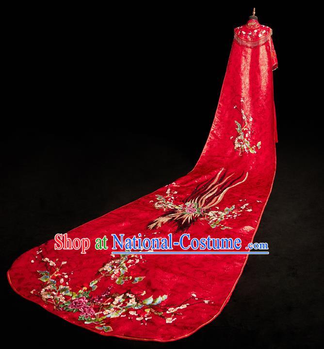 Top Grade Chinese Ancient Bride Embroidered Peony Red Cloak Traditional Wedding Cape Costumes for Women