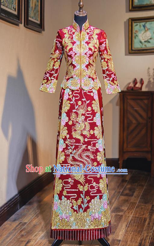 Top Grade Chinese Ancient Bride Drilling Diamante Xiuhe Suit Traditional Wedding Embroidered Phoenix Red Costumes for Women