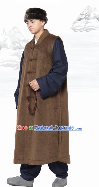 Chinese Traditional Winter Brown Long Vest Costume Meditation Garment Lay Buddhist Clothing for Men