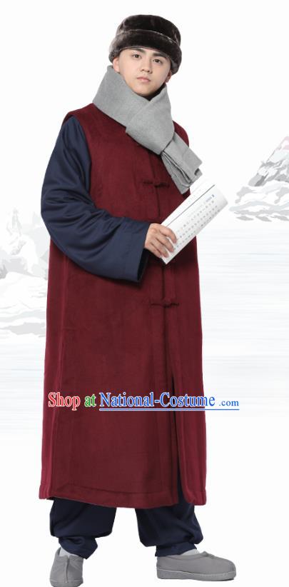 Chinese Traditional Winter Wine Red Long Vest Costume Meditation Garment Lay Buddhist Clothing for Men