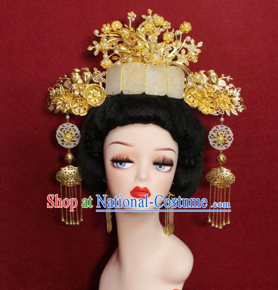 Traditional Handmade Chinese Ancient Queen Hair Accessories Jade Phoenix Coronet Hair Jewelry Hair Fascinators for Women