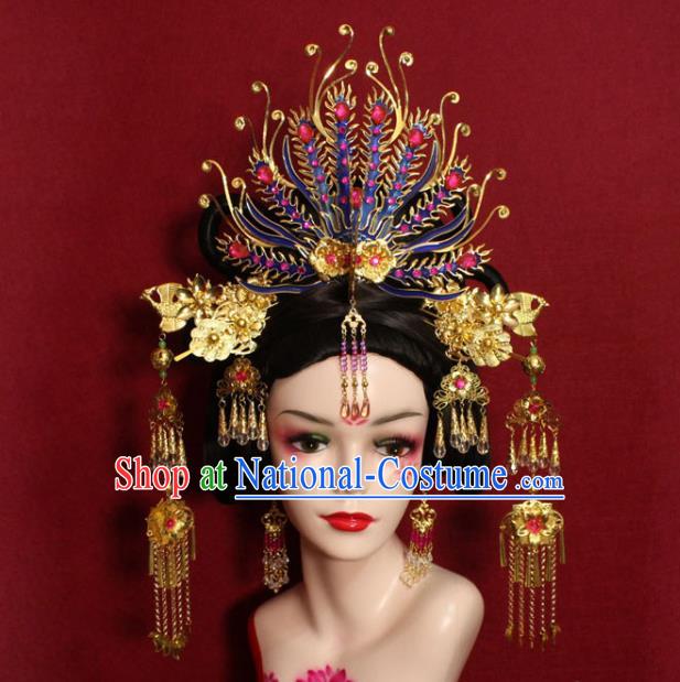 Traditional Handmade Chinese Ancient Queen Hair Accessories Cloisonn Phoenix Coronet Hair Jewelry Hair Fascinators Tassel Hairpins for Women