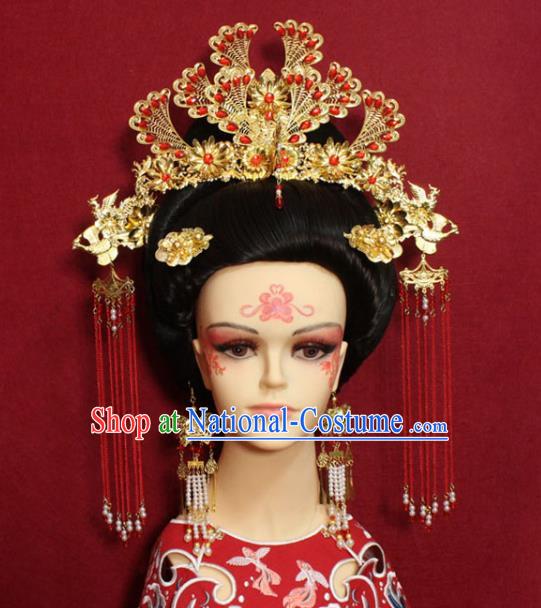 Traditional Handmade Chinese Ancient Queen Red Beads Hair Accessories Golden Phoenix Coronet Hair Jewelry Hair Fascinators Tassel Hairpins for Women