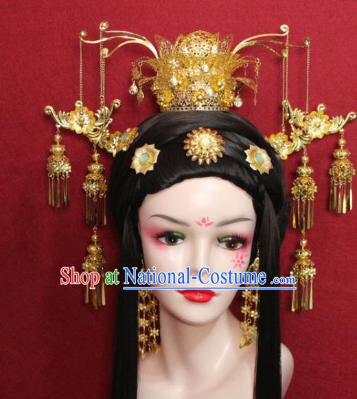 Traditional Chinese Ancient Golden Hair Accessories Phoenix Coronet Handmade Hair Jewelry Hair Fascinators Tassel Hairpins for Women