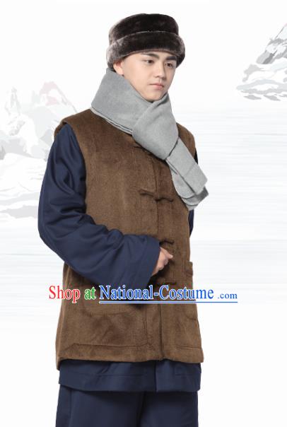 Chinese Traditional Winter Brown Vest Costume Meditation Garment Lay Buddhist Waistcoat for Men