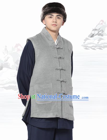 Chinese Traditional Winter Grey Vest Costume Meditation Garment Lay Buddhist Waistcoat for Men