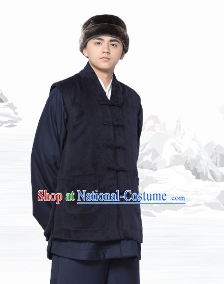 Chinese Traditional Winter Navy Vest Costume Meditation Garment Lay Buddhist Waistcoat for Men